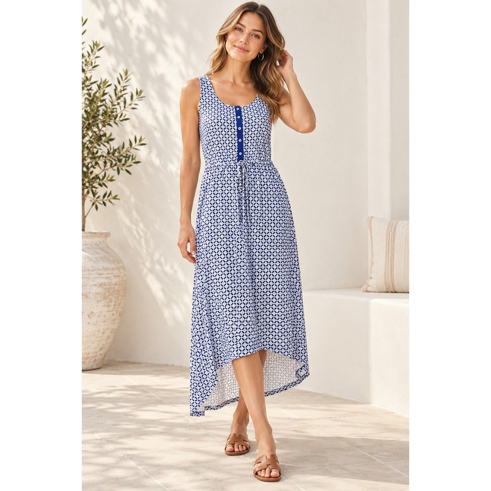 Gap Blue Geometric Sleeveless High-Low Maxi Dress Henley Scoop Neck Small